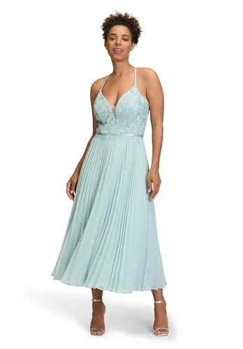 V.M. Cocktailkleid mit Spitzenbesatz und Plisseefalten in Mint, Größe 40 - Elegantes Cocktailkleid in Mint, taillierter Schnitt mit Spitzenbesatz und Plisseefalten für einen femininen Look, ideal für festliche Anlässe.