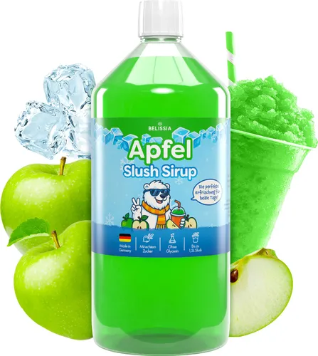Belissia Slush Eis Sirup 1000ml Konzentrat | Apfel Geschmack | sehr ergiebig,knalligen Farben (1:5) für bis zu 6 Liter | Glycerin frei – für Slush-Eis