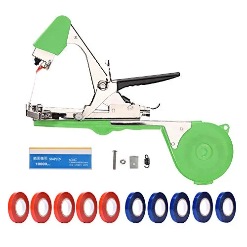 Jajadeal Bindezange für Pflanzen, Bandzange Tapetool Handbindemaschine für Weinbau Tomaten Gurken Obst Gemüse, Landwirtschaft Garten Bindemaschine mit 1 Schachtel Heftklammern und 10 Bandrollen