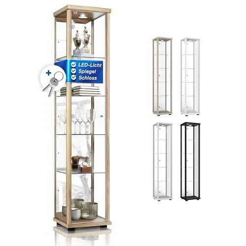 K-Möbel Sammlervitrine - Elegante Glasvitrine für Sammlerstücke - Glasvitrine (176x37x33cm) aus Buche mit 4 höhenverstellbaren Glasböden und LED-Beleuchtung, perfekt zur stilvollen Präsentation Ihrer wertvollen Sammlungen.