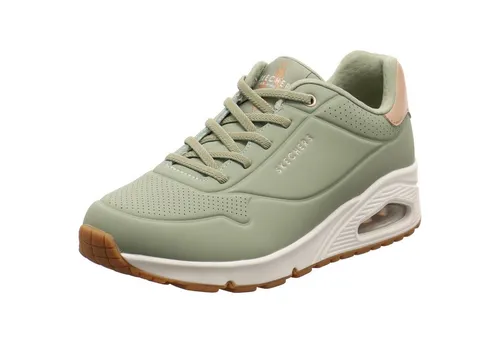 SKECHERS UNO SHIMMER AWAY Slip-On Sneaker für Damen - Sportliche Sneaker aus Lederimitat in grün-sage mit modischem Keilabsatz und Skechers Air-Cooled Memory Foam für optimalen Tragekomfort. Ideal für Freizeit und Alltag.