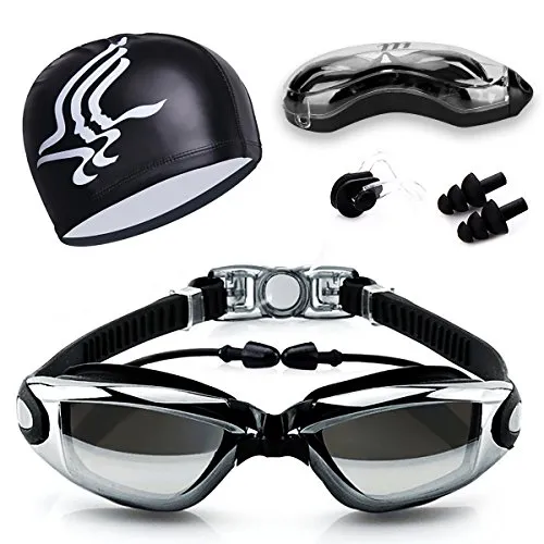 Guzack Schwimmbrille, Anti-Fog UV-Schutz Beschichteter Linse kein Auslaufen Schwimmen Brillen, mit KOSTENLOSER Badekappe, Nase Clip, Ohrstöpsel, für Erwachsene, Kinder Männer und Frauen