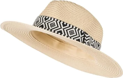styleBREAKER Damen Panama Sonnenhut Einfarbig mit Stoff Hutband mit Azteken Muster, Strohhut, Schlapphut, Sommerhut, Fedora Hut 04025046, Farbe:Beige