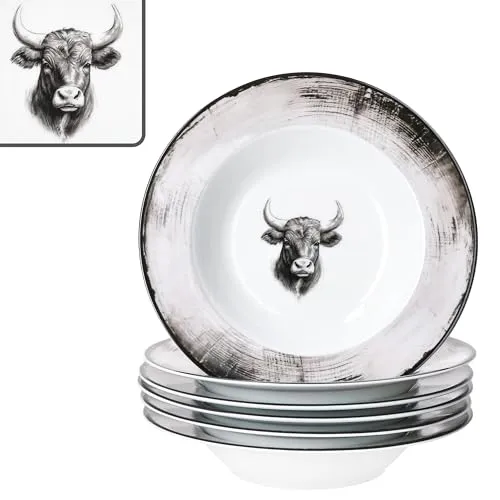 MamboCat Suppenteller TORO 6er Set - Porzellan mit Rinderkopf-Motiv - Dieses 6er Set Suppenteller TORO aus robustem Porzellan vereint rustikalen Charme und Funktionalität. Ideal für Suppen, Eintöpfe und vieles mehr. Spülmaschinen- und mikrowellengeeignet für müheloses Servieren.