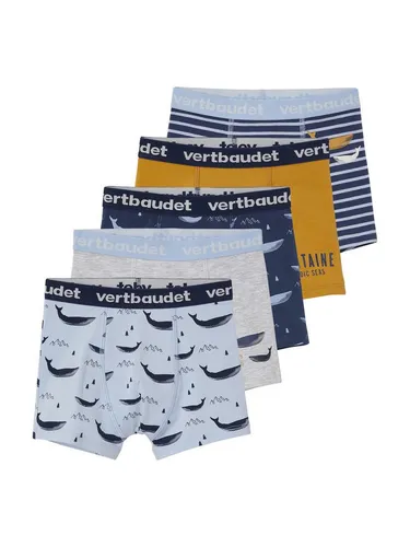 Vertbaudet 5er-Pack Jungen Boxershorts, Wale Pack blau 152 - Bequemer 5er-Pack mit Walmotiven: 2x Einzelmotiv, 2x allover bedruckt und 1x gestreift. Ideal für den Alltag dank breitem Dehnbund und angenehmem Sitz.