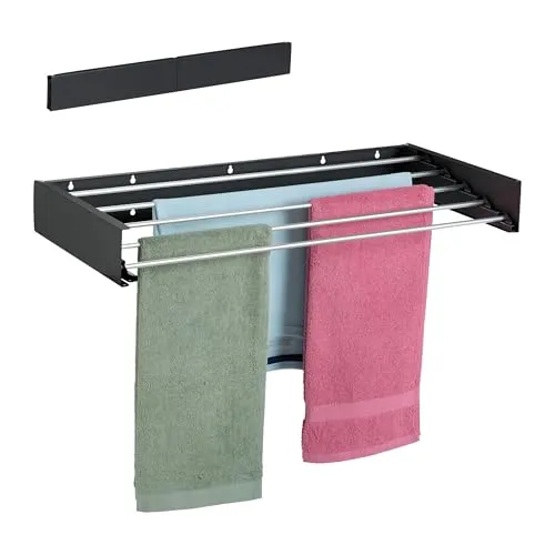 Relaxdays Klappbarer Wäscheständer zur Wandmontage - Wäscheständer für innen & außen, platzsparend und klappbar - ideal für kleine Räume. Robuste Stahlkonstruktion mit Aluminium-Stangen, Maße: 15 x 80 x 40 cm.