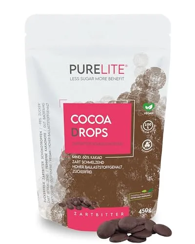 PURELITE Cocoa Drops Zartbitter - zuckerreduzierte Kakao Schokodrops - Schokolade – Zuckerfreie, zartschmelzende Schokodrops mit 60% Kakaoanteil, ideal für Diabetiker und Kalorienbewusste. Genießen Sie 100% Geschmack ohne weißen Zucker!