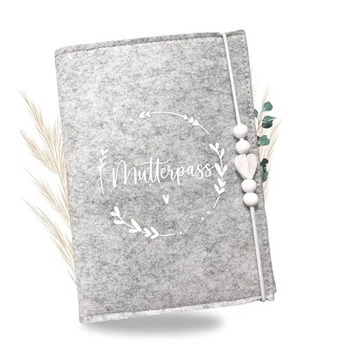 Premium Mutterpasshülle aus Filz für deutschen Mutterpass - mit Fächer für Ultraschallbild, Impfpass, Versichertenkarte - Handmade Mutterpass Schutzhülle grau