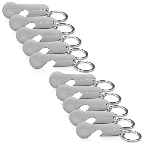 Eaxus® 10er Set Einkaufswagenlöser aus Edelstahl - Hochwertiger Einkaufswagenchip mit Schlüsselanhänger, Silber