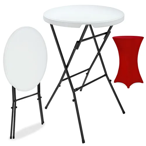 Casaria Klappbarer Stehtisch mit eleganter Husse - Ø 72 cm, 110 cm hoch - Robuster, klappbarer Stehtisch für Gartenpartys und Events, inklusive waschbarer Husse. Pflegeleichte Kunststoffplatte und standfestes Metallgestell - ideal für drinnen und draußen!