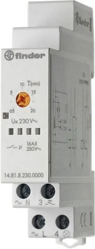 Finder 148182300000 Treppenhaus-Lichtautomat - Automatisierungstechnik mit Servicefunktion, ideal für effiziente Beleuchtung im Treppenhaus. Zeitbereich von 0,5 bis 20 Minuten, für verschiedene Lampenlasten geeignet.