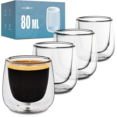 Cosumy 4 Doppelwandige Espresso Thermogläser 80ml - Hält lange Warm - Schützt deine Hände - Mit Geschenkbox