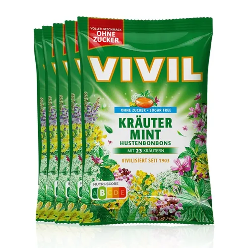 VIVIL Kräuter-Mint Hustenbonbons ohne Zucker | 5 Beutel x 120g