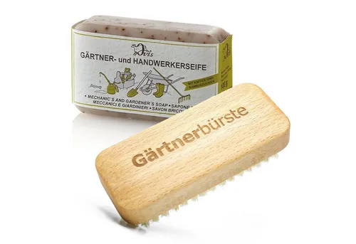Landshop24 Nagelbürste Gärtnerseife - Handwerkerseife + Gärtnerbürste helle Borste, Spar-Set, 2-tlg., Gärtnerset, helle kräftige Naturfibre