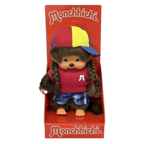 Sekiguchi 205240 - Original Monchhichi Mädchen mit City Girl Outfit - Ca. 20 cm großes Kuscheltier aus weichem Plüsch, perfekt zum Spielen und Kuscheln. Das Monchhichi trägt ein stylisches Outfit und hält einen Nuckel in der Hand – ideal als Geschenk für Kinder und Sammler.