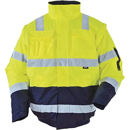 Vizwell Warnschutz Pilotenjacke 2 in 1 Arbeitsjacke Warnjacke Warnschutzjacke mit Schulterreflektorstreifen (5XL, leuchtgelb-marine)