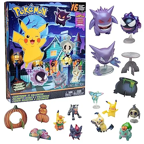 Pokémon Halloween Countdown Adventskalender für Kinder, 16-teiliges Geschenk-Spielset – Set enthält Pikachu, Bulbasaur, Bulbasaur und mehr – 11 Spielzeug-Figuren & 5 Halloween-Accessoires – ab 4