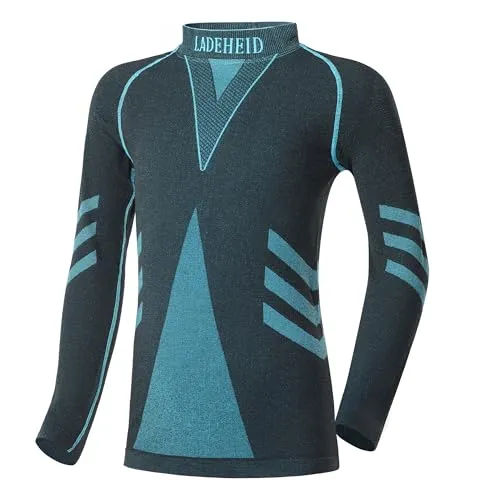 Ladeheid Thermounterwäsche Kinder Funktionsunterwäsche Thermoaktives Langarm Shirt Skiunterwäsche LAGI007 (Schwarz/Turquoise, 122-128)