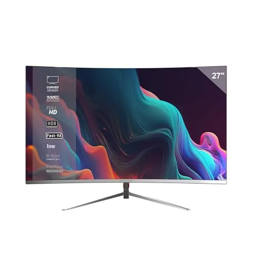 Mars Gaming MV-27C, Gaming Monitor Gebogen 27” FHD 1080p 200Hz, HDR10 1ms, FreeSync, G-Sync, Rahmenloser Monitor, Neigung 20°, Low Blue Light, Flicker-Free, HDMI + DisplayPort + 3,5mm Klinke, Weiß