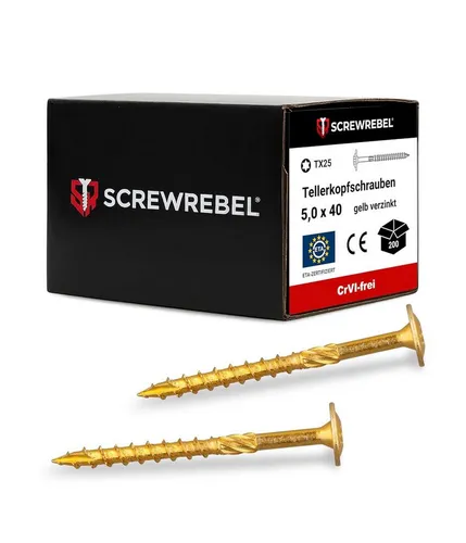 SCREWREBEL Holzbauschraube Tellerkopfschraube gelb verzinkt mit ETA-Zulassung, (200 St), ETA Zulassung, Tellerkopf für hohe Klemmkraft, TX Antrieb, verzinkt