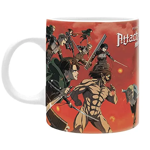 Attack on Titan Tasse Battle scene season 4 orange, bedruckt, aus Keramik, Fassungsvermögen ca. 320 ml., in Geschenkkarton.
