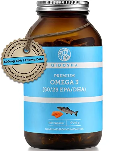 QIDOSHA® Omega 3 Fischöl Kapseln - Hochdosiert mit EPA & DHA, 180 Stk im Glas - Omega-3 Öl aus nachhaltigem Fischfang, 1000 mg Premium Fischöl pro Kapsel mit 500 mg EPA und 250 mg DHA, in 100% geschmacksneutralem Glasbehälter.