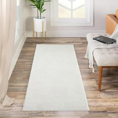 payé Teppich Läufer Kurzflor Creme 80x300cm Flur Wohnzimmer Geometrisch Gestreifte Muster mit Hoch-Tief-Effekt, 3D Effekt, Weich