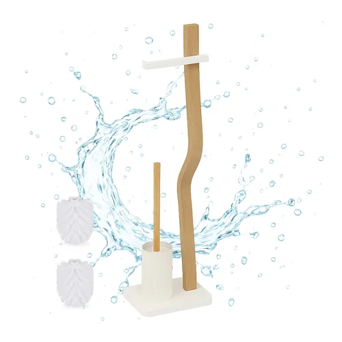 relaxdays WC-Garnitur Holz Eisen mit 2 Ersatzbürsten - Toilettenbürstenhalter im modernen Design, freistehend und ohne Bohren, mit praktischem Platzspar-Konzept und hygienischem, herausnehmbarem Einsatz.