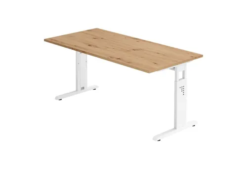 Bümö Schreibtisch Serie-O Rechteck 160x80 cm Asteiche Weiß – Höhenverstellbar - Hochwertiger Schreibtisch mit manuell einstellbarer Höhe von 65 bis 85 cm für optimalen Komfort. Robuste Bauweise und kratzfeste Oberfläche machen ihn ideal für jeden Arbeitsplatz.