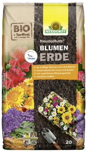 Neudorff NeudoHum BlumenErde - Torffreie Bio Erde, 20 Liter für Innen und Außen, fördert kräftige Blumen und viele Blüten, umweltfreundlich und von NABU empfohlen
