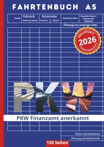 Fahrtenbuch PKW Finanzamt anerkannt | DIN A5 | 120 Seiten