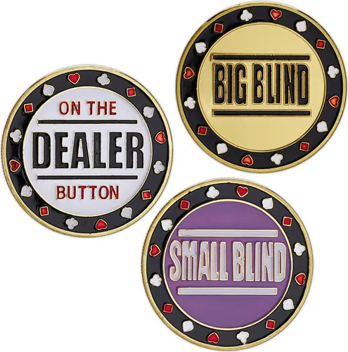 Relaxdays Poker Button Set, 3-teilig, Dealer Button, Big Blind & Small Blind, inkl. Schutzhüllen, Ø 4 cm, je 30 g, gold