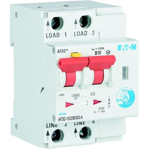 Eaton AFDD-10/2/B/003-A Brandschutzschalter - Hochwertiger Elektroinstallationsschalter mit Fehlerlichtbogen- und Fehlerstromschutz, ideal für sichere Anwendungen im Freien bis 25 °C.