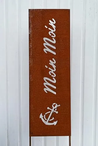 Edelrost Schild Moin Moin 115 cm x 27 cm zum Stecken Gartenschild Sichtschutz Paravent Gartenstecker Edelrost Gartendeko Wetterfest Rost Metall Zaun Stele (Stele Moin Moin 115x27cm)