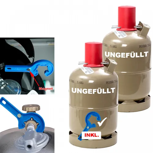 Stck. (37,50 €  / 1 Stck.) Propan-Gas-Flasche 5kg + Gasregler-Schlüssel 2