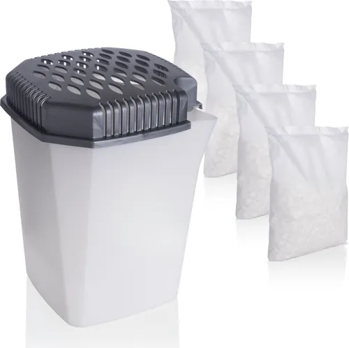 Luftentfeuchter mit Ausgießer ohne Strom mit 4x 680gr. Granulat - Wiederverwendbar - hält 4 Monate - Raumentfeuchter für Küche Badezimmer