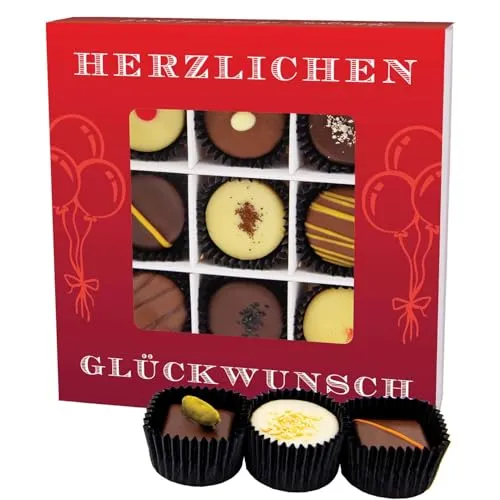 Hallingers Genuss Manufaktur Pralinen Geschenk Glückwunsch – mit & ohne Alkohol, handgemacht & zart schmelzender Edelkakao in edler Geschenkdose, feine Qualität als besondere Geschenkidee Gratulation