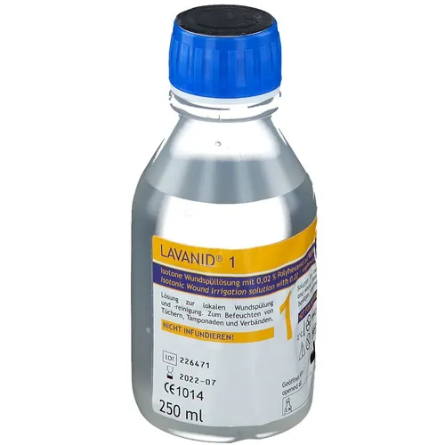 Lavanid 1 Wundspüllösung 250 ML - Sterile Wundspüllösung auf Basis von Ringer-Lösung, ideal zur Wundreinigung und -spülung. Der Stopfenverschluss ermöglicht eine aseptische Entnahme. Für professionelle Anwendungen geeignet.