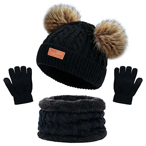beifon Wintermütze Schal Handschuhe Mädchen Set Kindermütze Strickmütze Mütze Schal Set Mädchen Jungen Warme Winter Beanie Hut Handschuhe für Kinder 3-8 Jahre