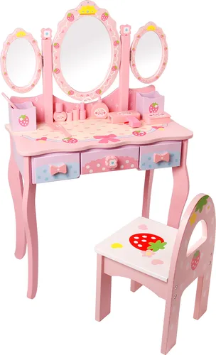 CCLIFE Kinder Schminktisch Holz mit Spiegel & Hocker - Pink & Weiß - Schminktisch für Kinder, sicher und ungiftig, mit abnehmbarem dreifach faltbarem Spiegel und großem Stauraum für Accessoires.