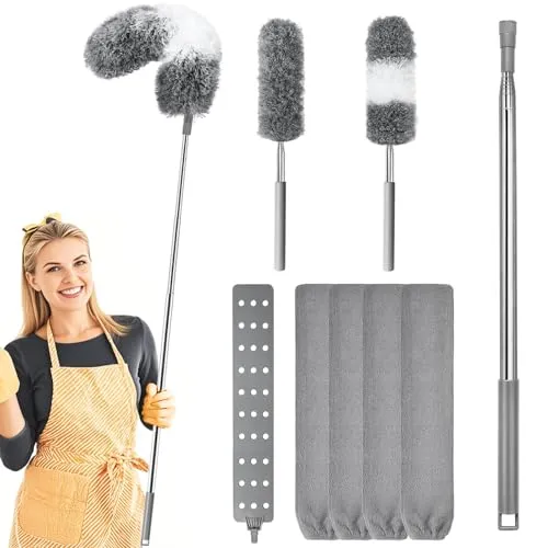 8-teiliges Staubwedel Teleskop Waschbar, 2 Mikrofaser Staubwischer Dust mit Teleskopstange Lang Ausziehbar bis 253 cm, Einziehbarer Spalt-Staubreiniger mit 4 wechselbaren Tüchern für Decken und Lücken
