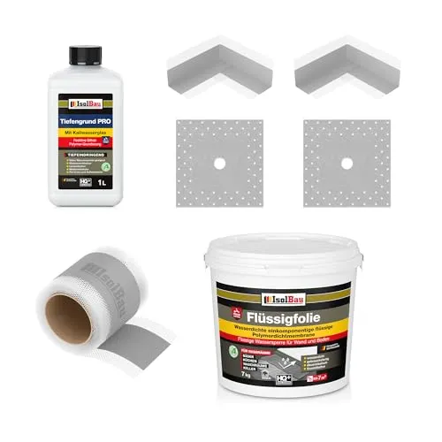 Isolbau Dicht-Set - Inkl. 1x Flüssigfolie (7 kg), 1L Tiefengrund PRO, 1x Dichtband (5 m), 2x Innenecken & 2x Manschetten