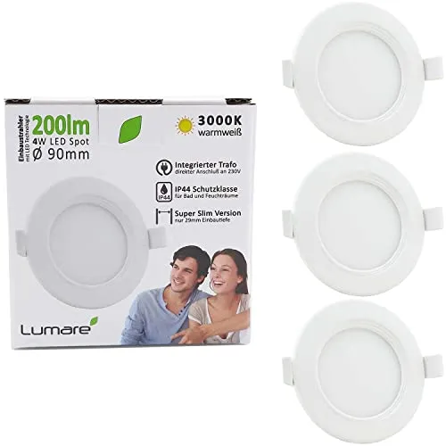 Lumare LED Einbaustrahler 4W | Ultra flach, 29mm Einbautiefe | Ø68mm Bohrlochdurchmesser | Spot Wohnzimmer, Badezimmer | Einbauleuchte Weiß Rund | 230V | IP44 Warmweiß 3000K | 3er Set