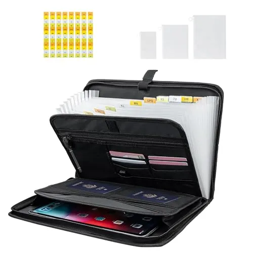 Tolesum Feuerfeste Dokumententasche mit Reißverschluss,Fächermappe a4 mit 13 mehreren Fächern und 8 Etiketten,Dokumentenmappe mit 3 Schreibwarentasche für A4-Dateien&Wichtige Dokumente Zertifikate