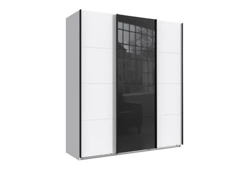 luma-home Schwebetürenschrank 22515 (mit einer Kleiderstange, 4 Einlegeböden, 2 Stoffboxen, B180/H208/T64 cm) in Weiß, eine Tür mit Glasfront in Schwarz,schwarze Metallgriffleisten