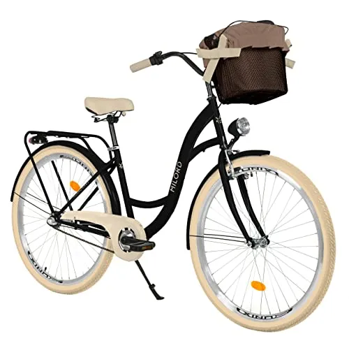 MILORD Damenfahrrad Citybike Komfort mit Metallkorb, 3-Gang, Vintage Design - Robustes 26/28 Zoll Citybike mit stabilem Stahlrahmen, ideal für Pendler und Stadtfahrten. 90 % vormontiert für schnellen Einsatz. Ausgestattet mit Kettenschutz, Schutzblechen und einem praktischen Frontkorb.