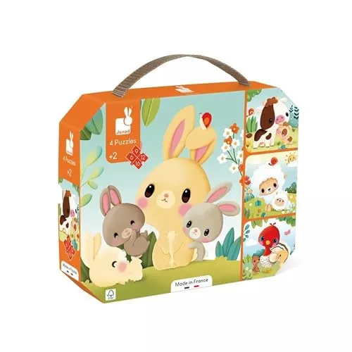 Janod - 4 evolutive Puzzles Bauernhoftiere - 6-9-12-16 Teile - Kinderspielzeug - Pädagogische Spiele - Geduld und Handgeschicklichkeit Ab 24 Monaten, J03319, Orange