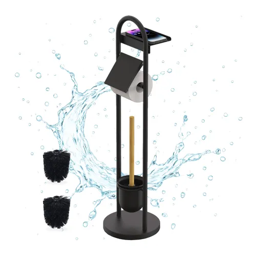 relaxdays WC-Garnitur mit Bambusbürste und Ablage, schwarz