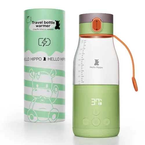 HELLO HIPPO® Tragbarer Babyflaschenwärmer – Mobiler Flaschenwärmer mit USB-Ladefunktion – 280 ml – Einstellbare Temperatur bis 50°C – Kompakte Größe