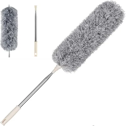 Staubwedel Teleskop Waschbar, Extra lang 250cm, Waschbar, Staubwischer Mikrofaser Edelstahl Teleskop Stange und Verbiegbare Eckbesen, für Decken Spinnweben (Grau)